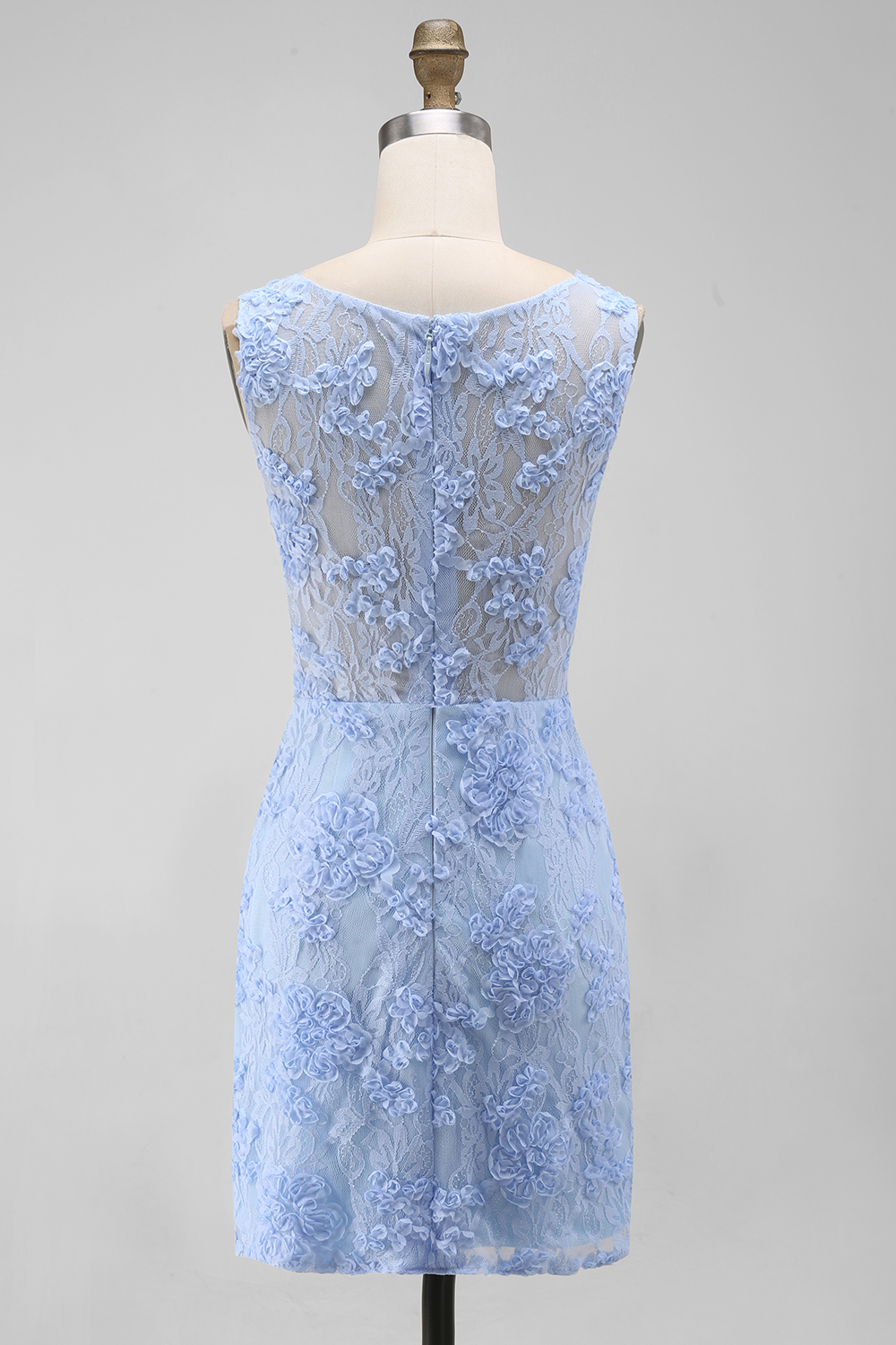 Blue Appliqued Floral Round Neck Short Wedding Guest Dress