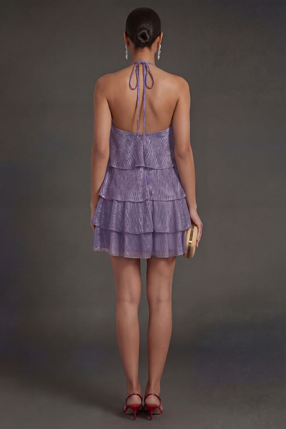 Purple Ruffled Tiered Halter Neck Short Summer Wedding Guest Dress