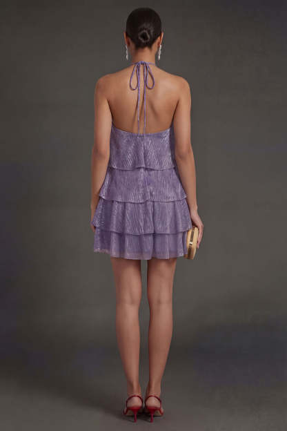 Purple Ruffled Tiered Halter Neck Short Summer Wedding Guest Dress