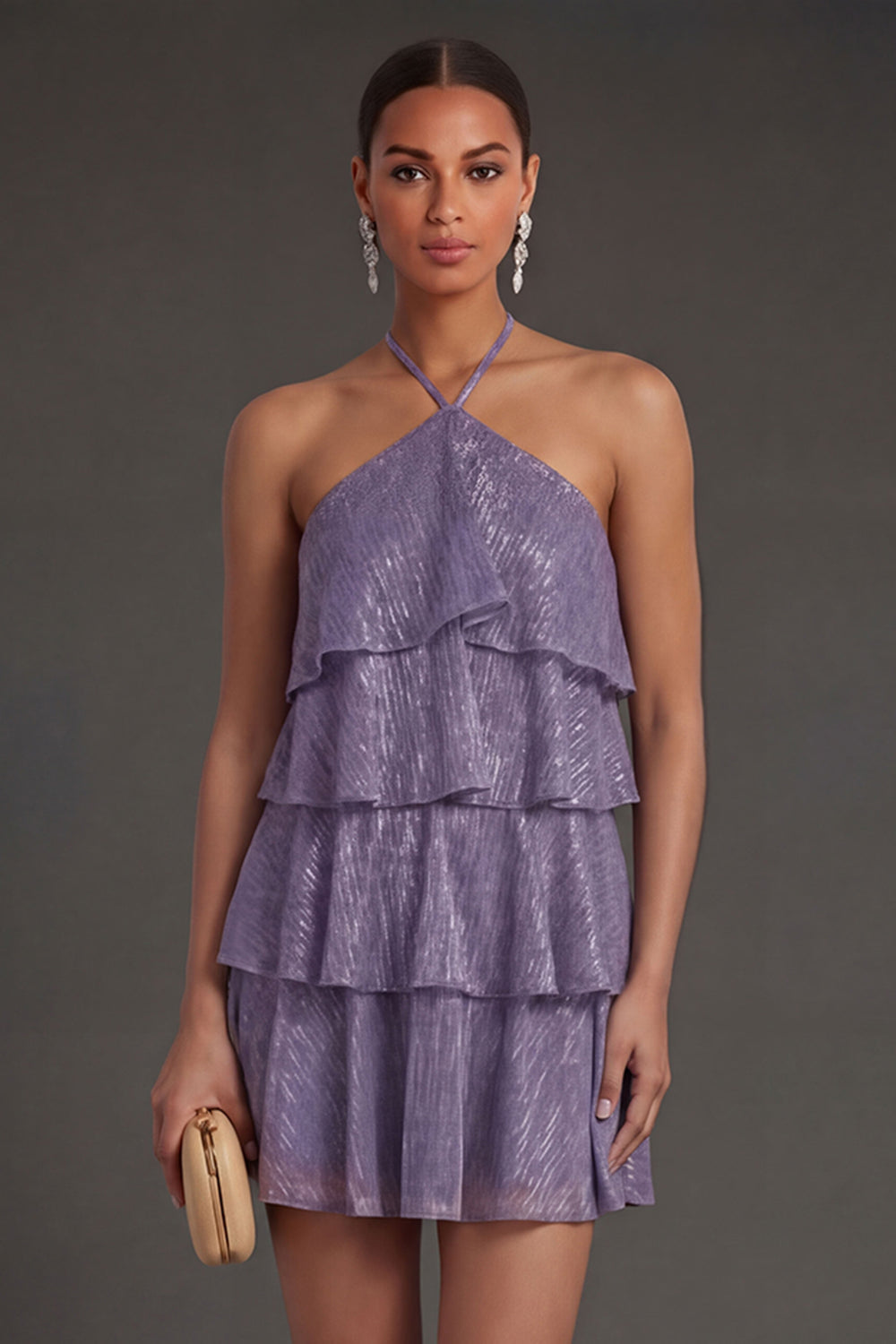 Purple Ruffled Tiered Halter Neck Short Summer Wedding Guest Dress