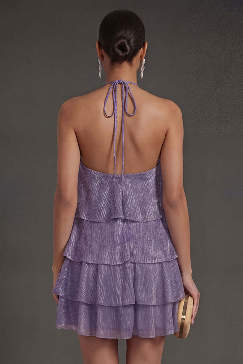 Purple Ruffled Tiered Halter Neck Short Summer Wedding Guest Dress