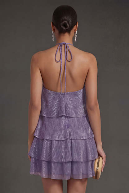 Purple Ruffled Tiered Halter Neck Short Summer Wedding Guest Dress