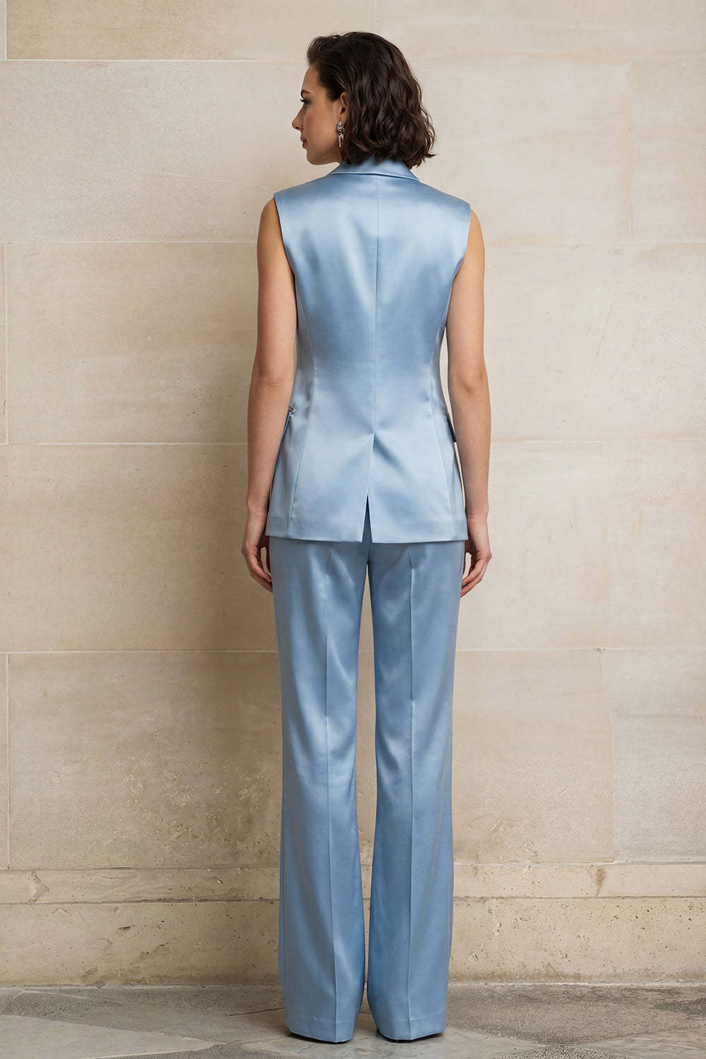 Single Breasted 2 Piece Blue Sleeveless Peak Lapel Women Formal Suits
