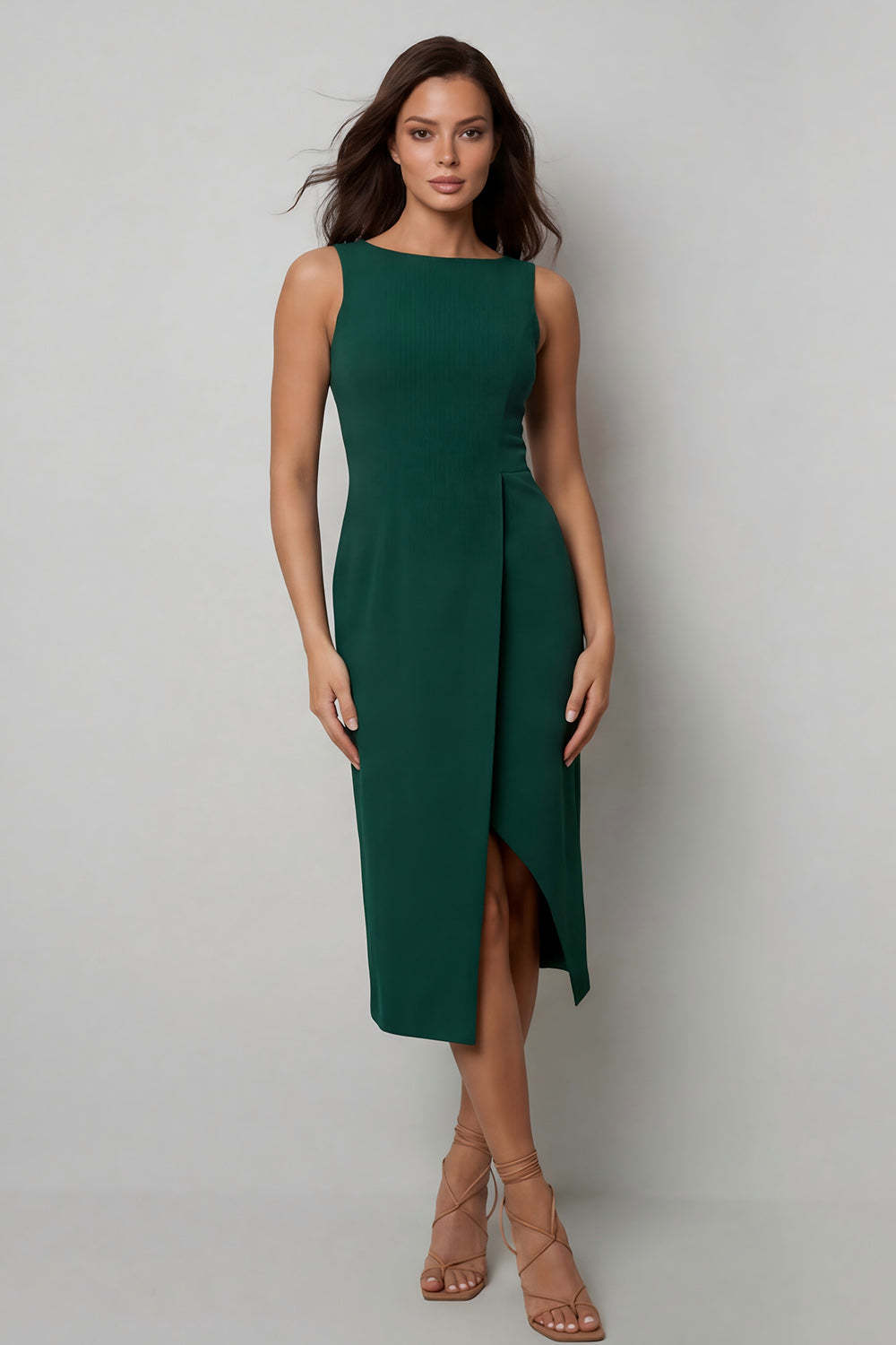 Navy Sheath Round Neck Sleeveless Midi Work Dress with Slit