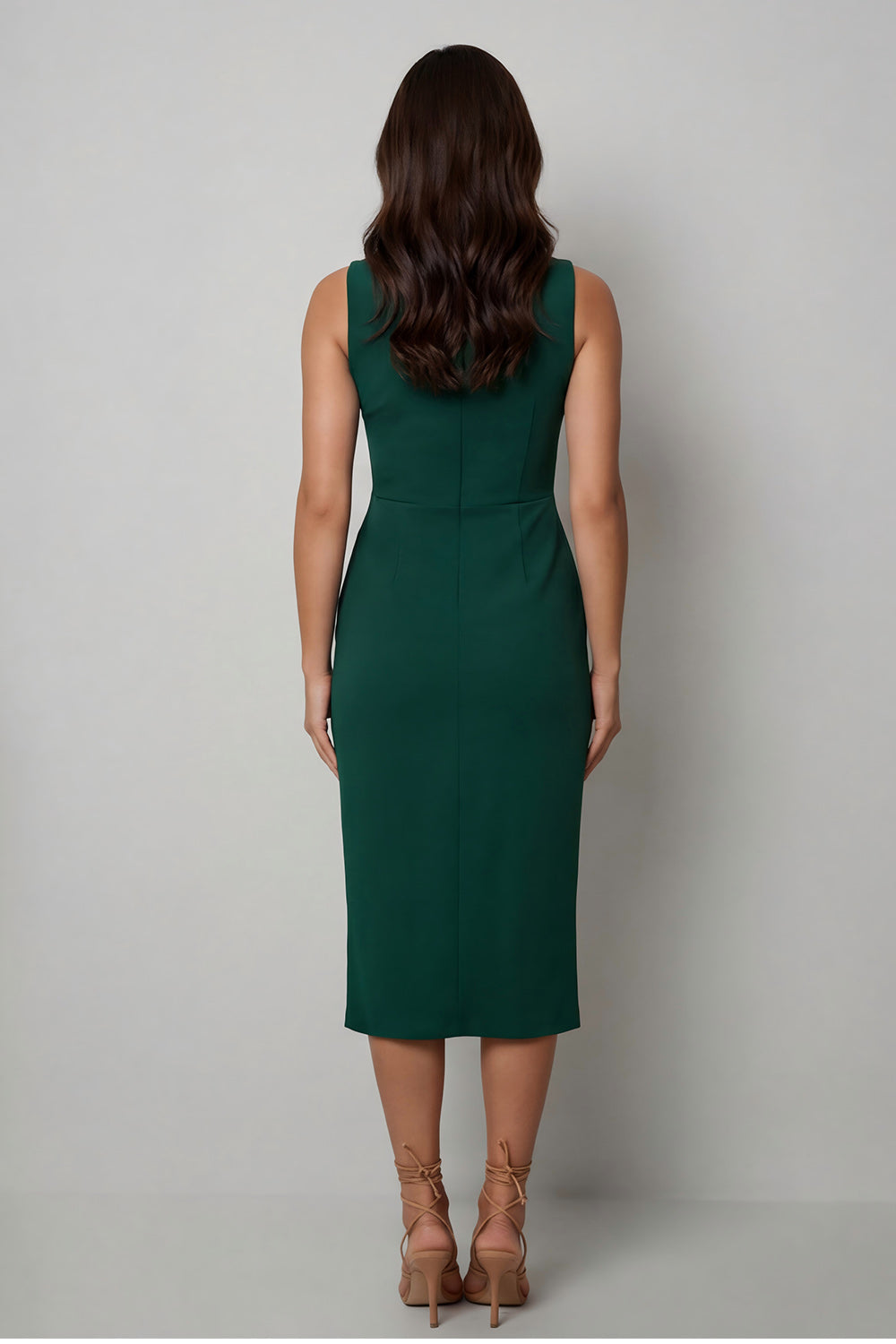 Navy Sheath Round Neck Sleeveless Midi Work Dress with Slit