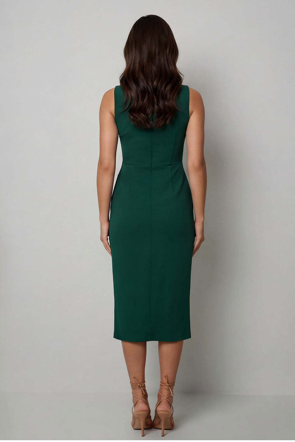 Navy Sheath Round Neck Sleeveless Midi Work Dress with Slit