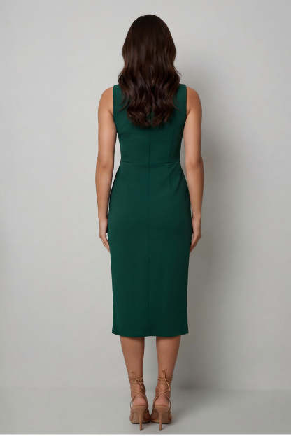 Navy Sheath Round Neck Sleeveless Midi Work Dress with Slit