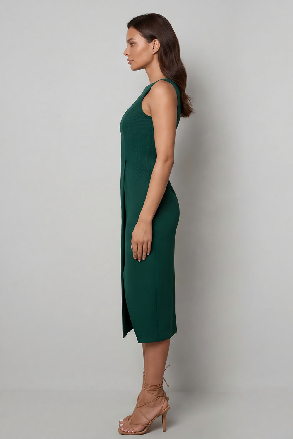 Navy Sheath Round Neck Sleeveless Midi Work Dress with Slit