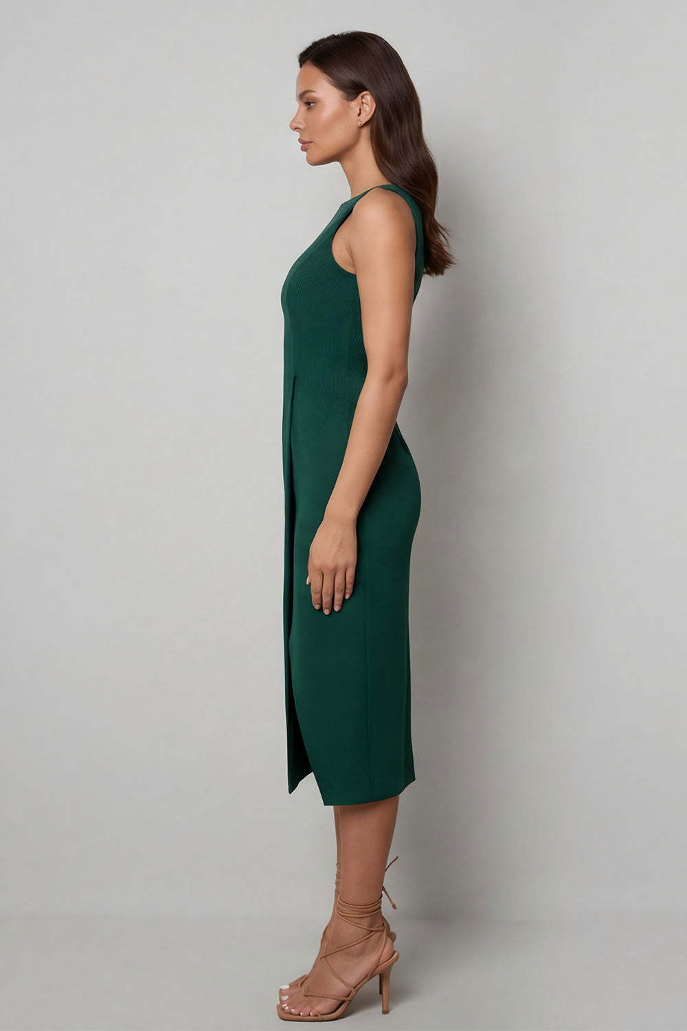 Navy Sheath Round Neck Sleeveless Midi Work Dress with Slit