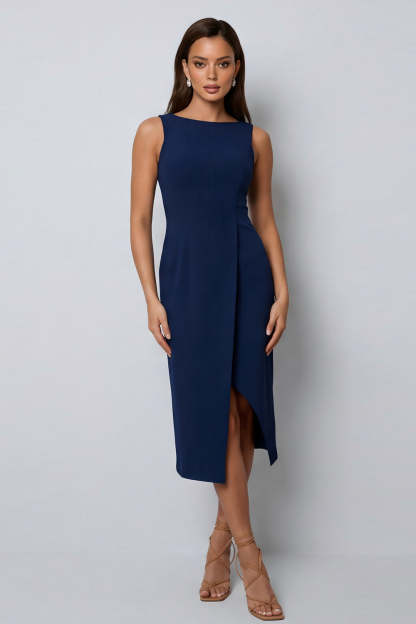 Leely Women Navy Sheath Midi Work Dress with Slit Sleeveless Round Neck Formal Dress