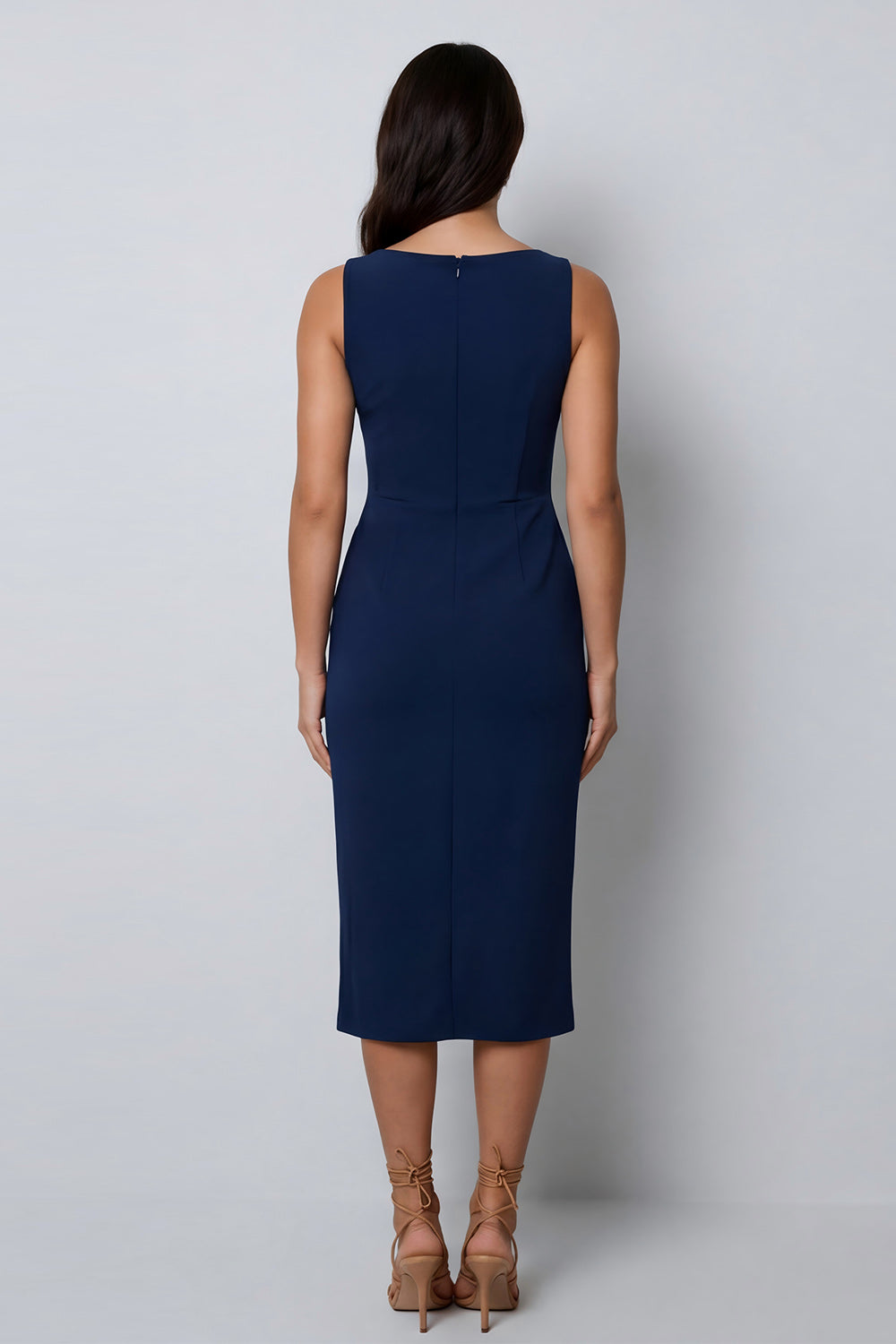 Navy Sheath Round Neck Sleeveless Midi Work Dress with Slit