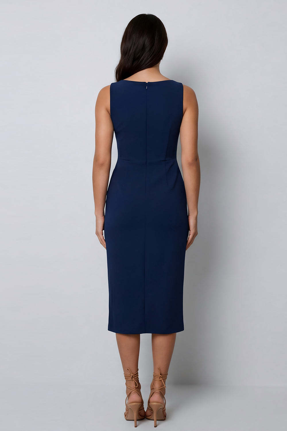 Navy Sheath Round Neck Sleeveless Midi Work Dress with Slit