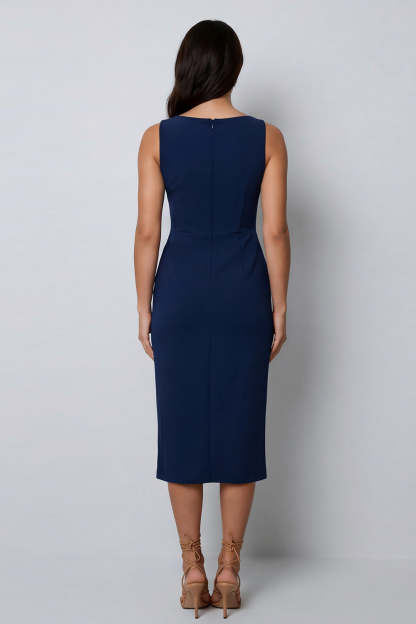 Navy Sheath Round Neck Sleeveless Midi Work Dress with Slit