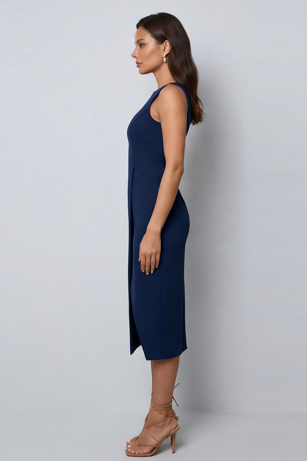 Navy Sheath Round Neck Sleeveless Midi Work Dress with Slit