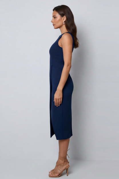 Navy Sheath Round Neck Sleeveless Midi Work Dress with Slit