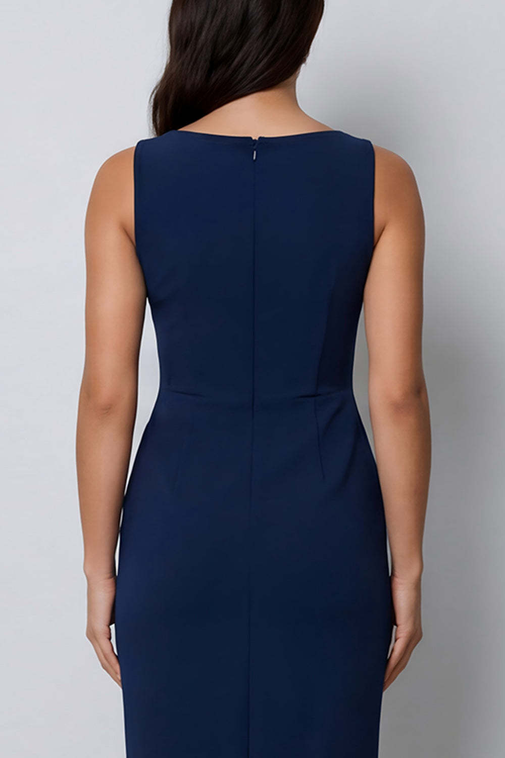 Navy Sheath Round Neck Sleeveless Midi Work Dress with Slit