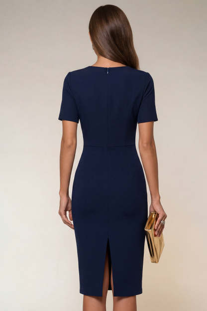 Navy Bodycon V Neck Short Sleeves Midi Work Dress