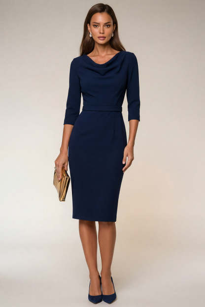 Leely Women Navy Cowl Neck Midi Work Dress Long Sleeves Bodycon Formal Dress