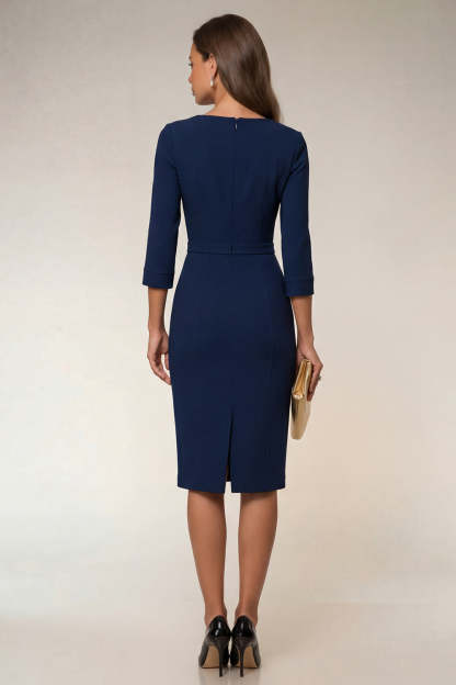 Navy Bodycon Cowl Neck Long Sleeves Midi Work Dress