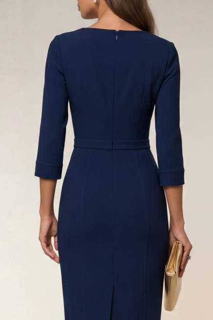 Navy Bodycon Cowl Neck Long Sleeves Midi Work Dress