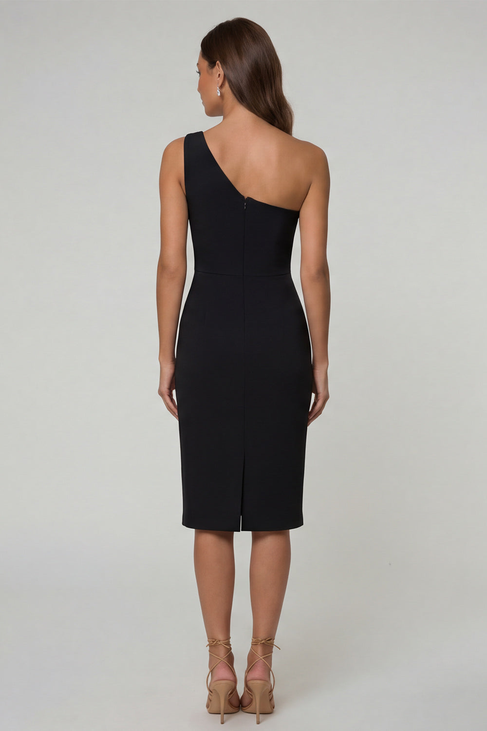 Black Sheath One Shoulder Sleeveless Midi Work Dress with Slit