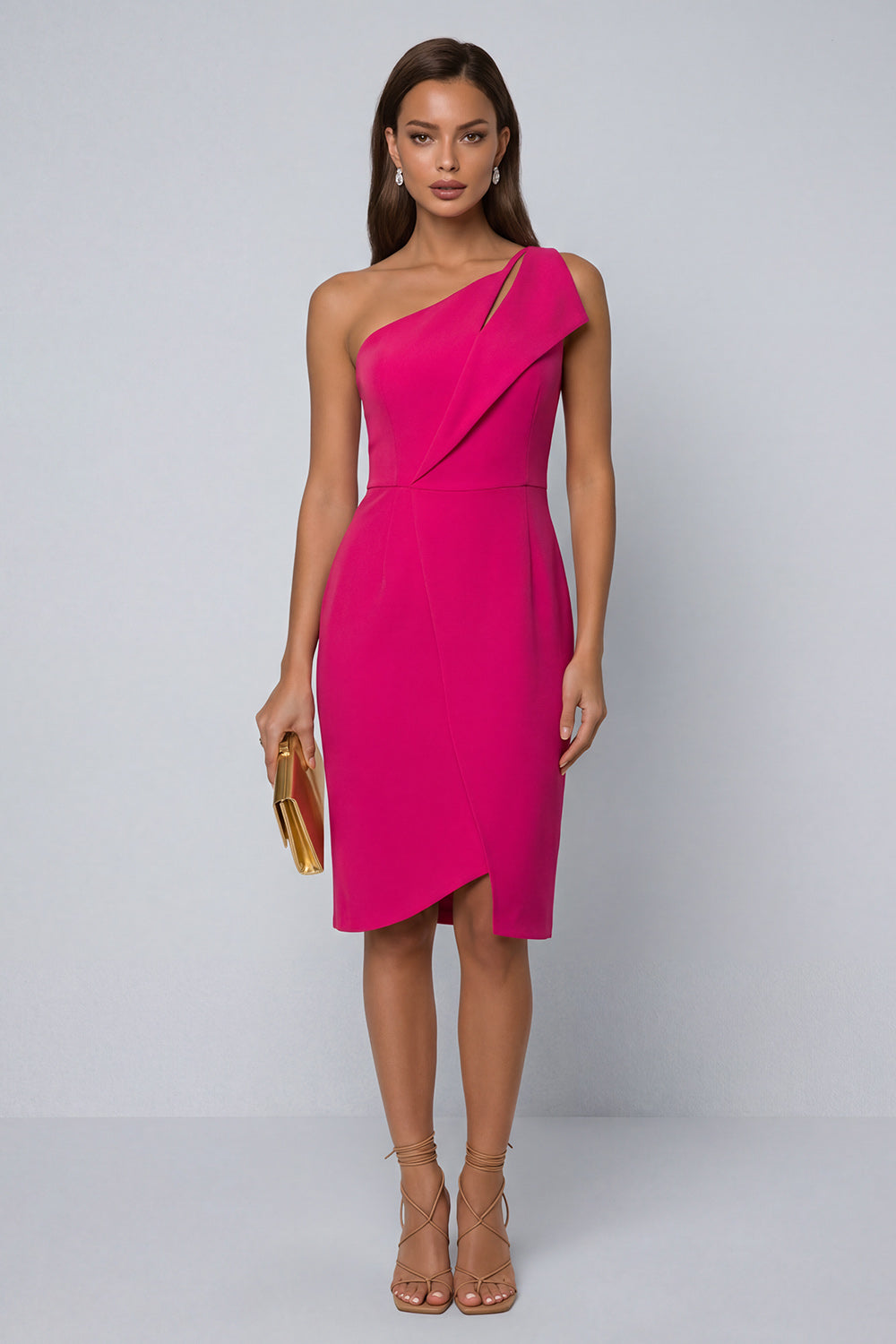 Black Sheath One Shoulder Sleeveless Midi Work Dress with Slit