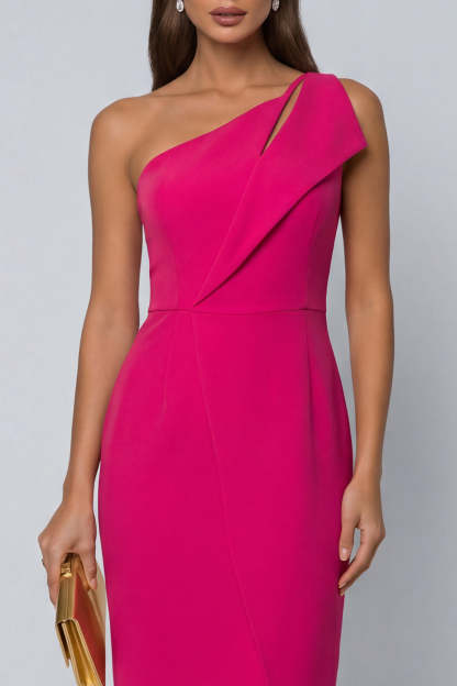 Black Sheath One Shoulder Sleeveless Midi Work Dress with Slit