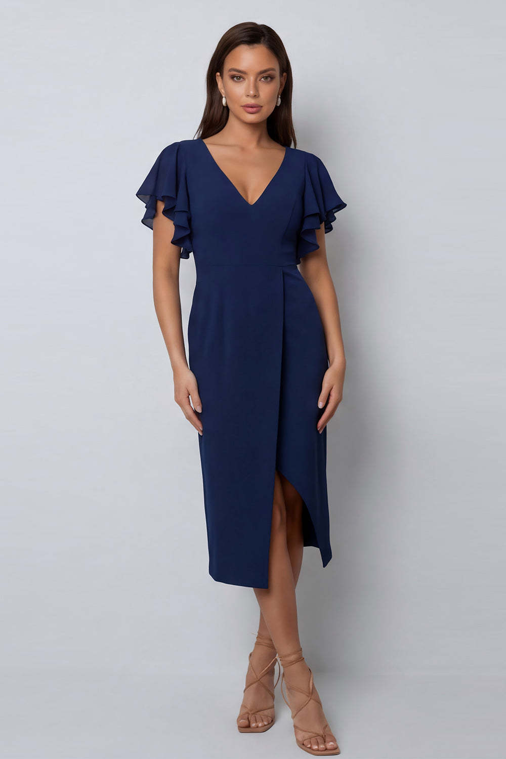 Leely Women Navy Sheath Midi Work Dress with Slit Ruffled V Neck Formal Dress