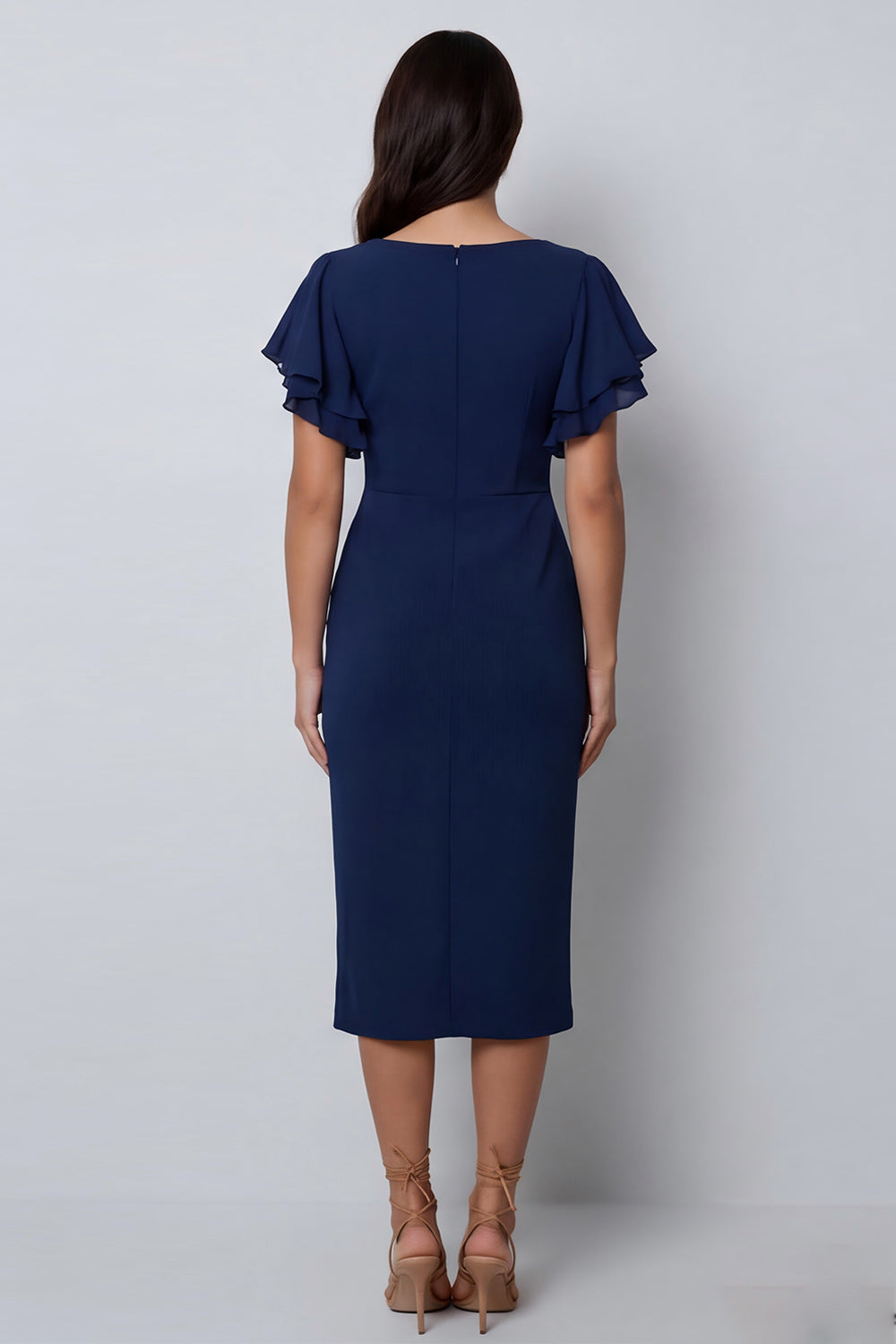 Navy Sheath Ruffled V Neck Midi Work Dress with Slit