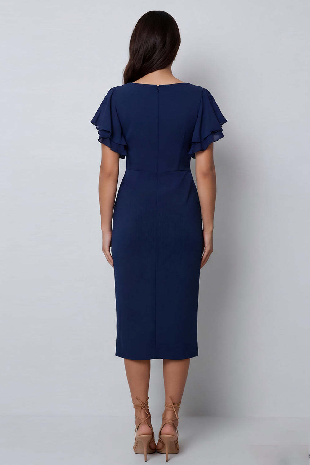 Navy Sheath Ruffled V Neck Midi Work Dress with Slit