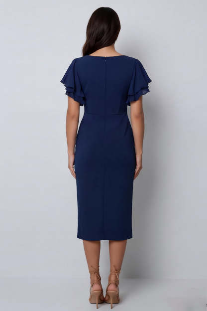 Navy Sheath Ruffled V Neck Midi Work Dress with Slit