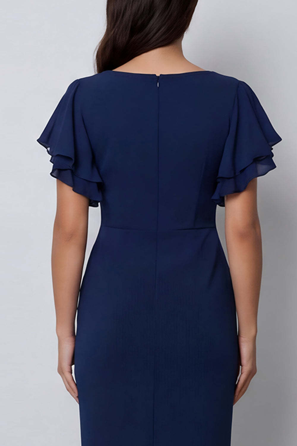 Navy Sheath Ruffled V Neck Midi Work Dress with Slit