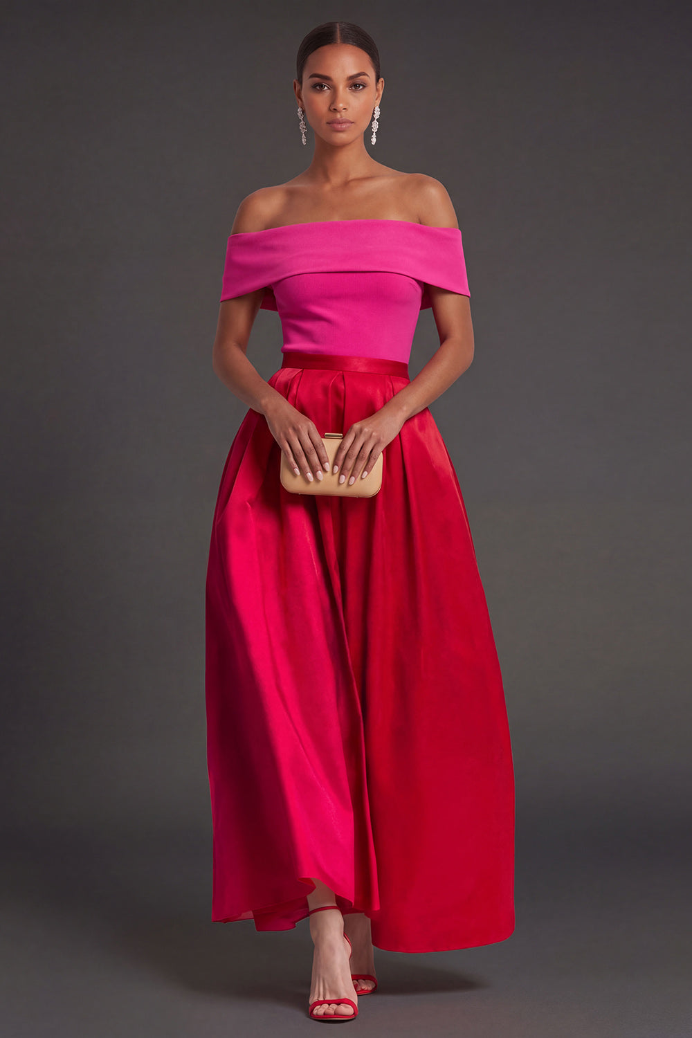 A Line Off the Shoulder Fuchsia and Red Backless Long Formal Dress