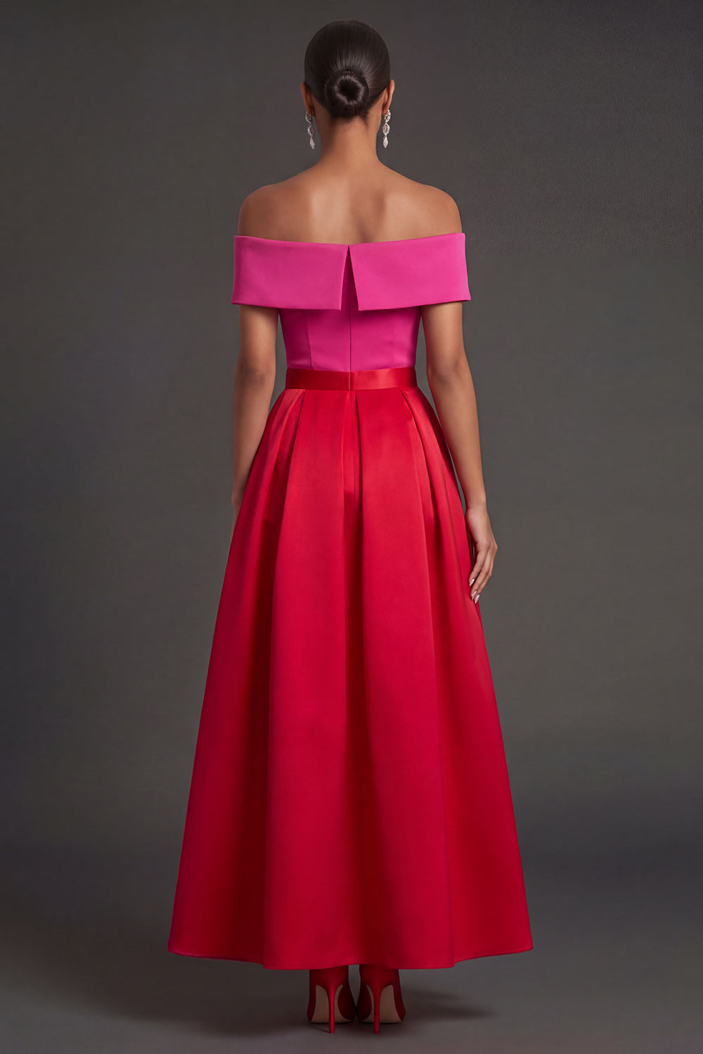 A Line Off the Shoulder Fuchsia and Red Backless Long Formal Dress