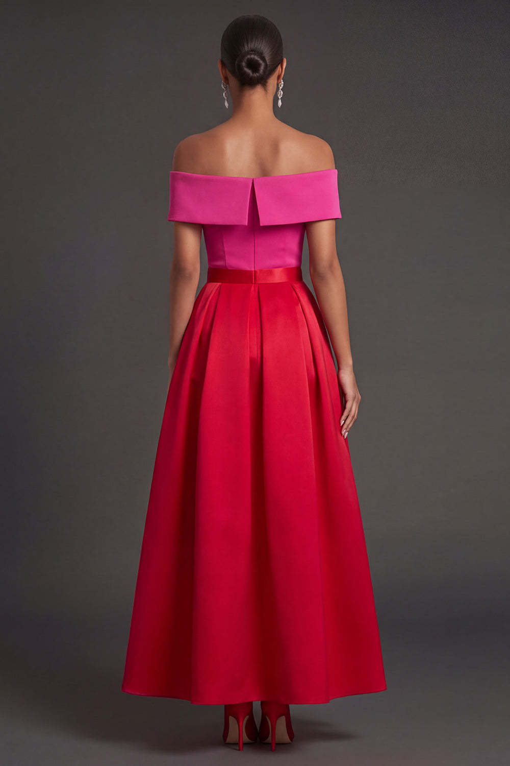 A Line Off the Shoulder Fuchsia and Red Backless Long Formal Dress