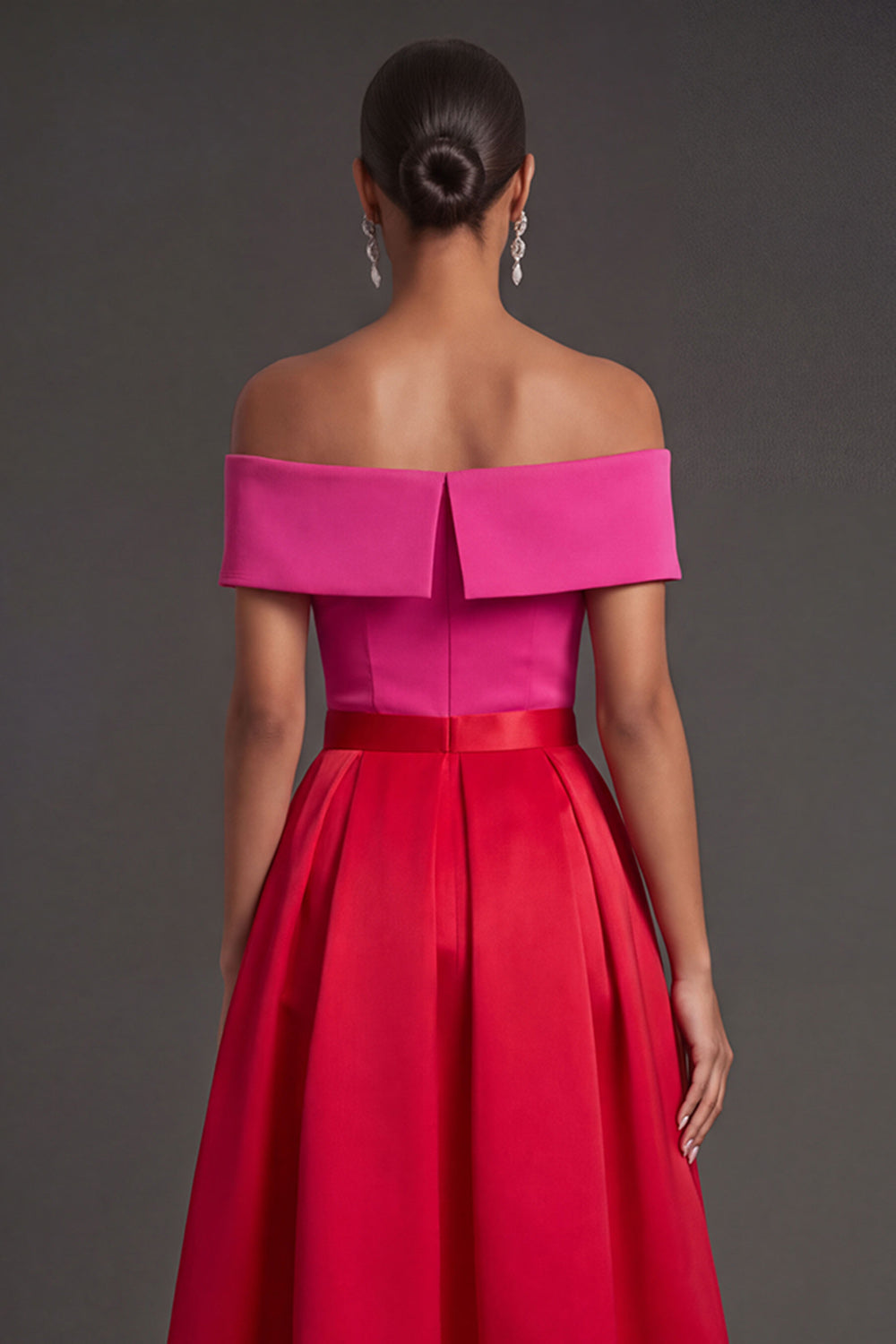 A Line Off the Shoulder Fuchsia and Red Backless Long Formal Dress