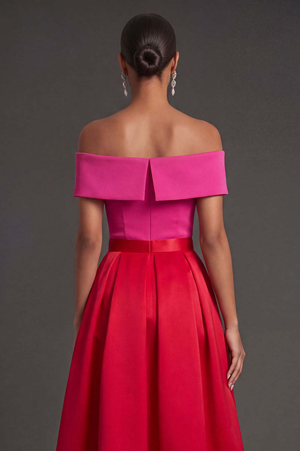 A Line Off the Shoulder Fuchsia and Red Backless Long Formal Dress