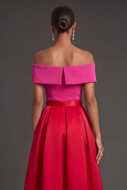 A Line Off the Shoulder Fuchsia and Red Backless Long Formal Dress