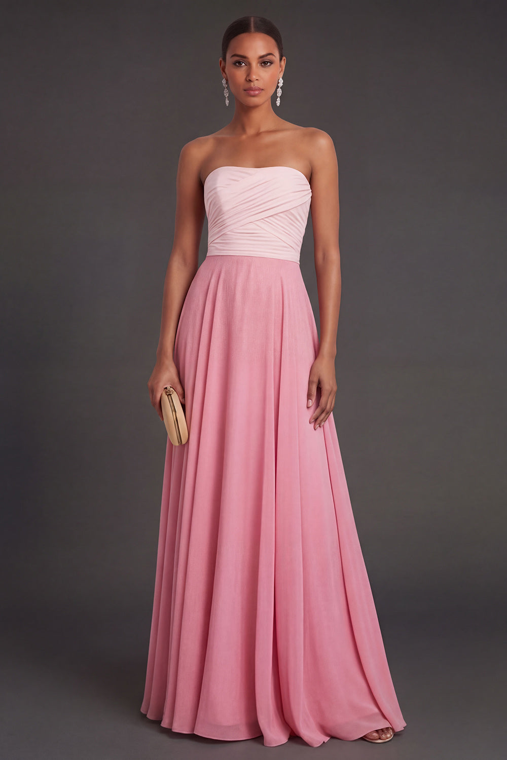 Leely Women A Line Pink Ruched Long Formal Dress Strapless Backless Sleeveless Wedding Guest Dress
