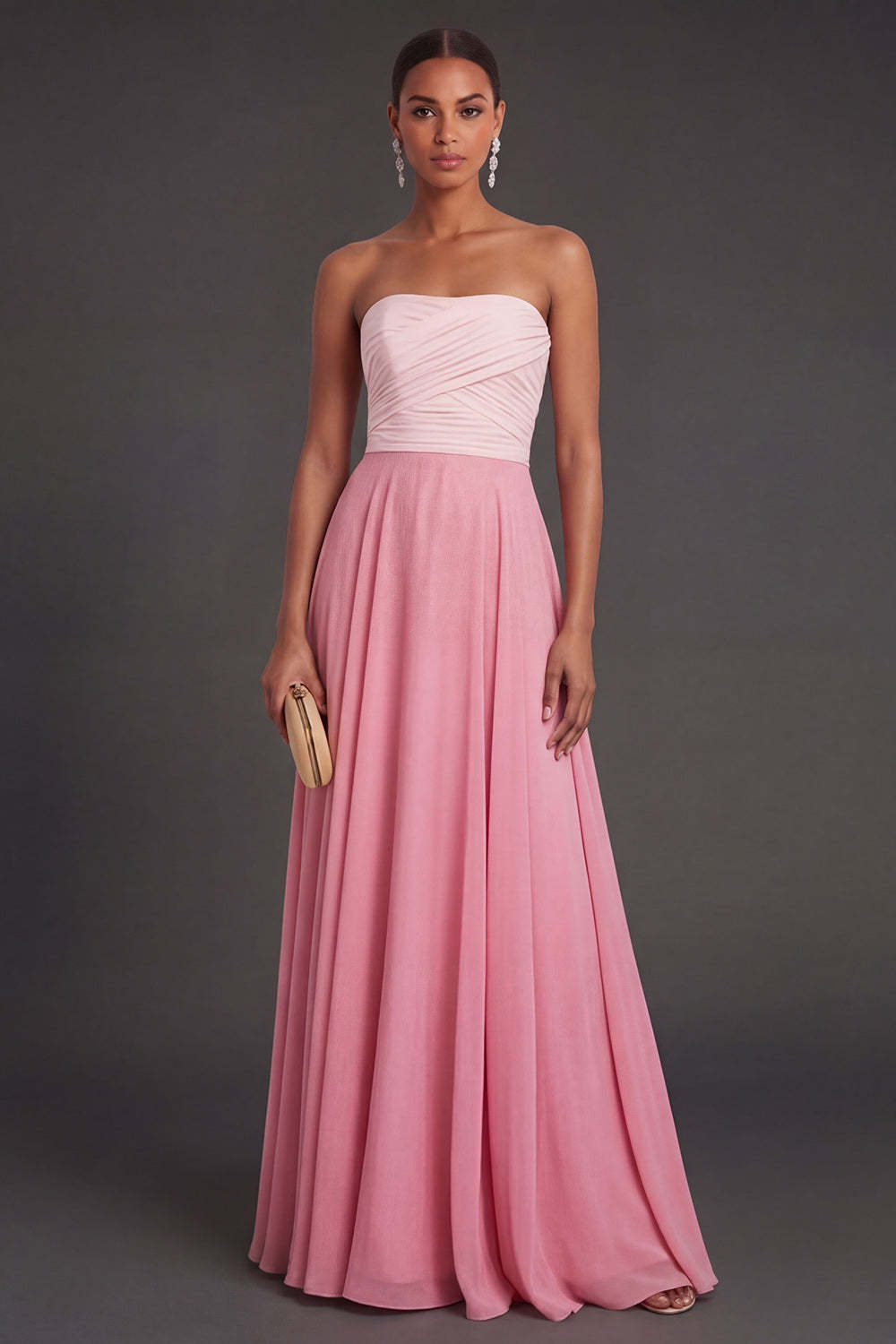 Leely Women A Line Pink Ruched Long Formal Dress Strapless Backless Sleeveless Wedding Guest Dress
