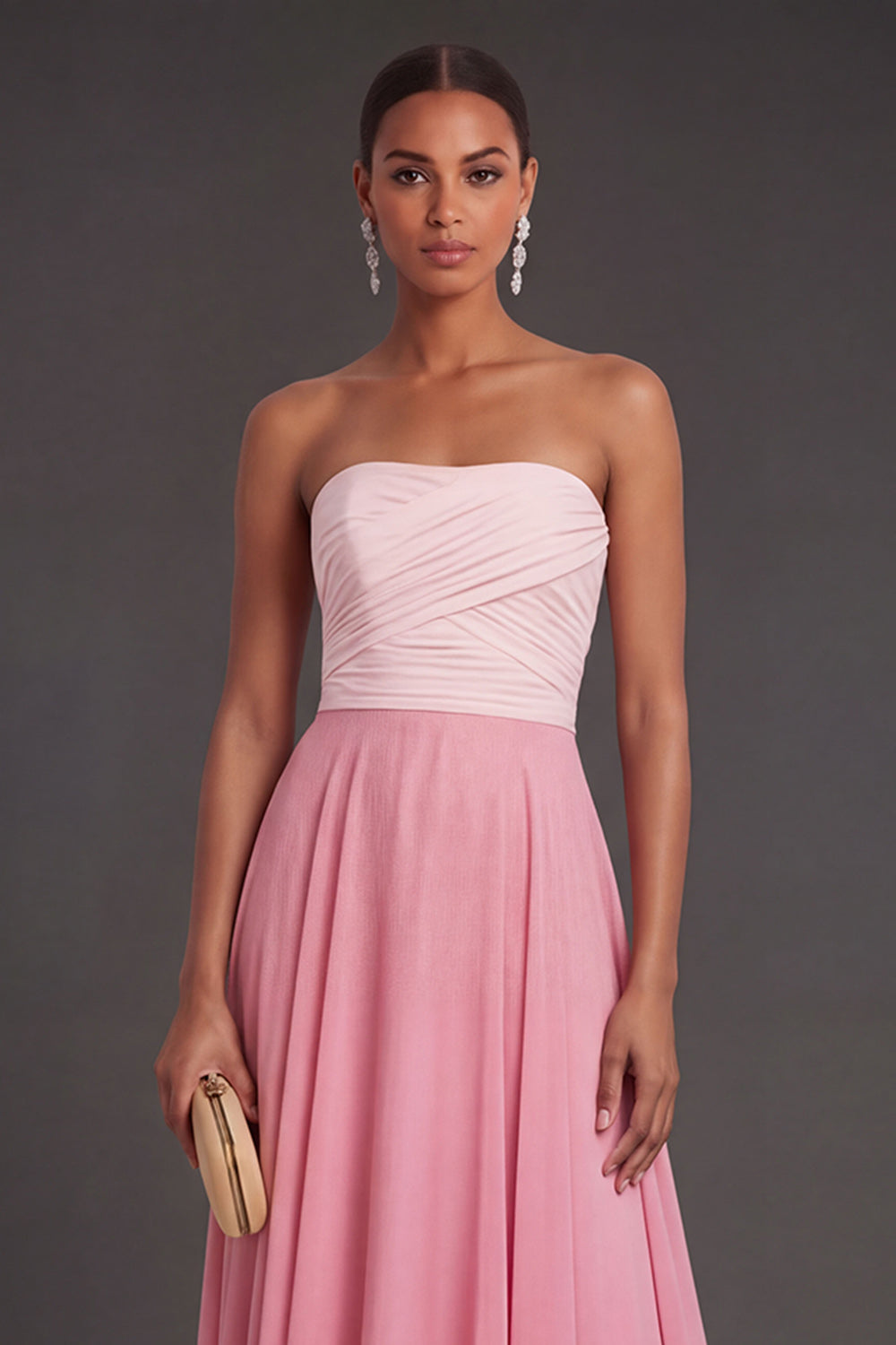 A Line Pink Strapless Ruched Long Formal Dress
