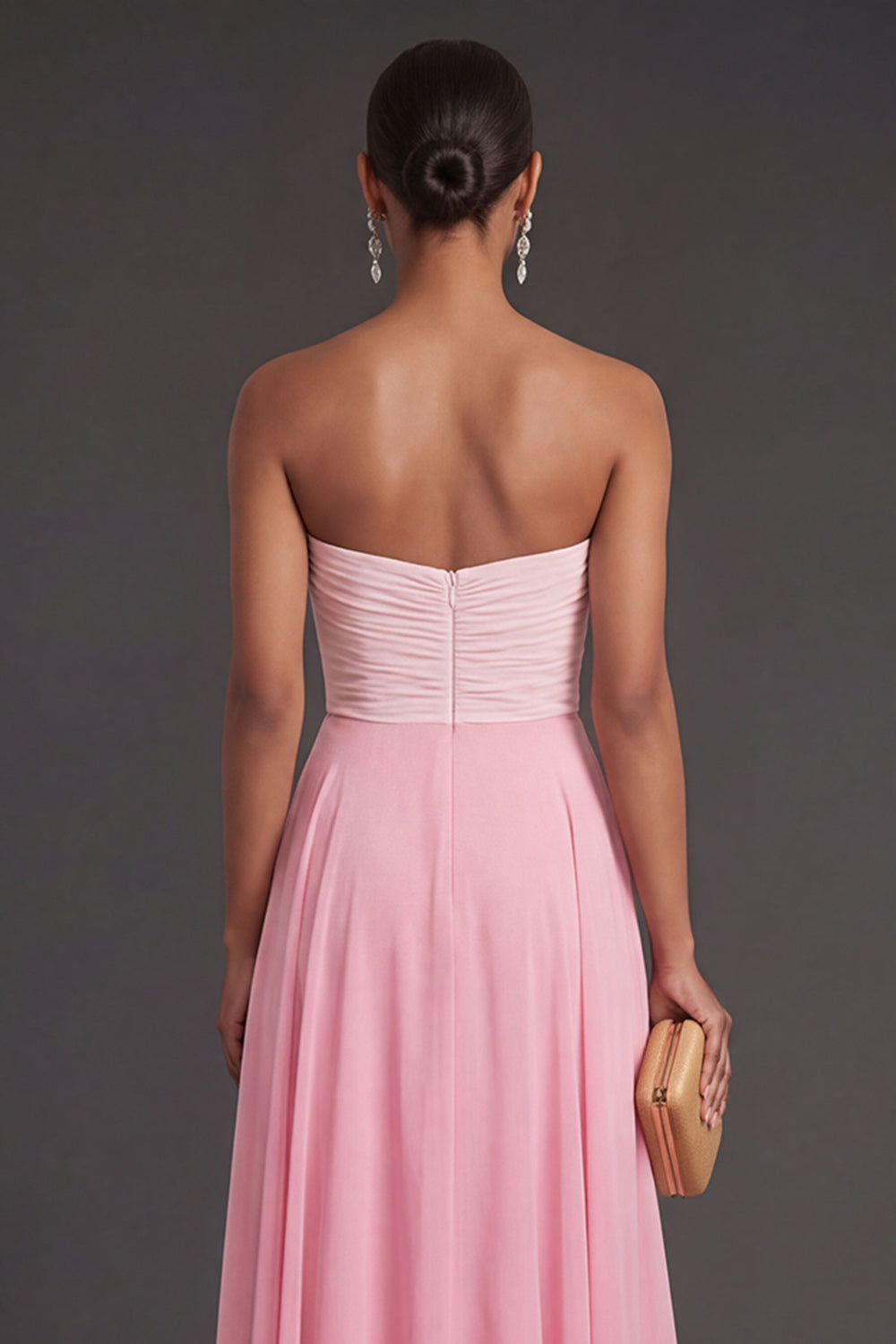 A Line Pink Strapless Ruched Long Formal Dress