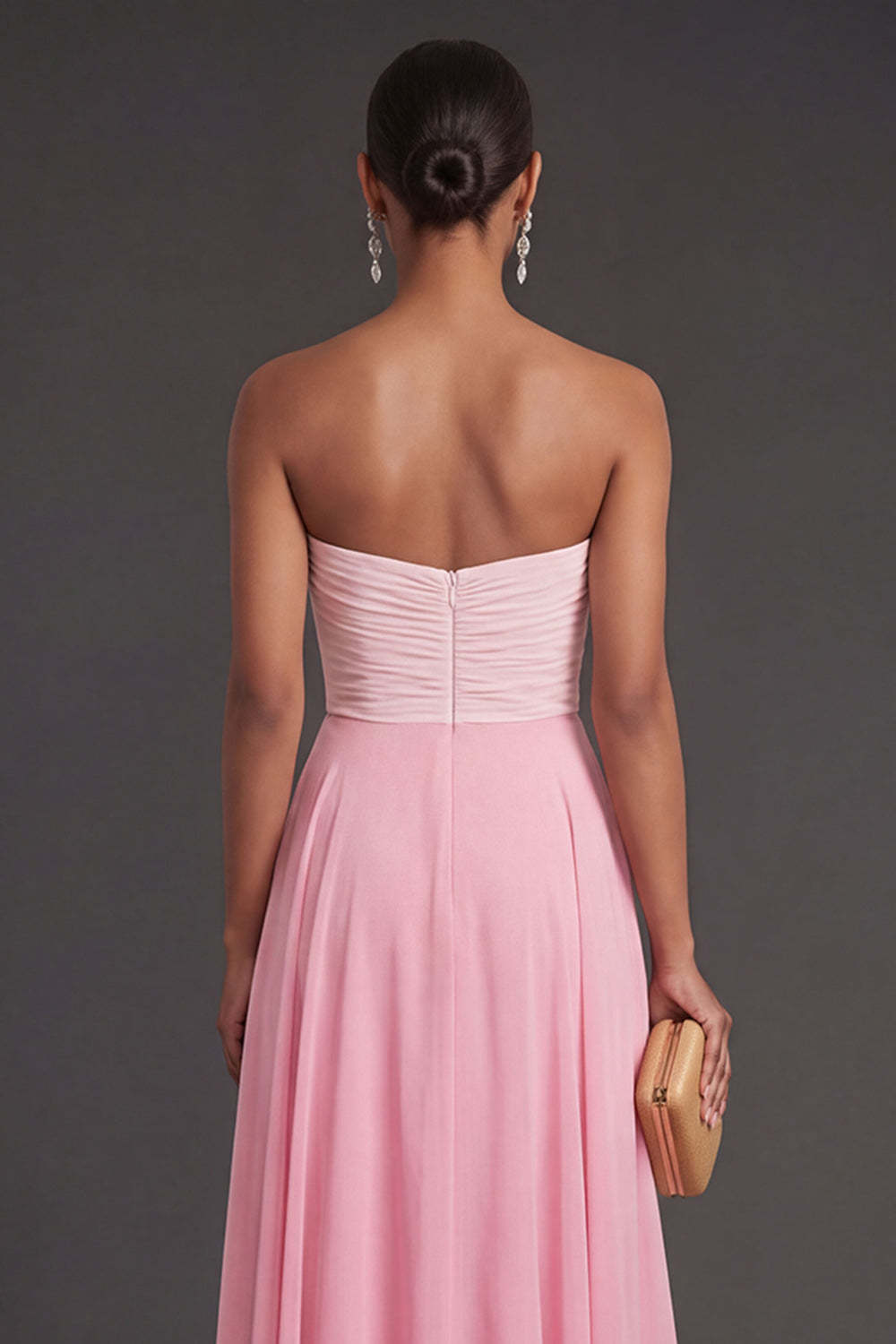 A Line Pink Strapless Ruched Long Formal Dress