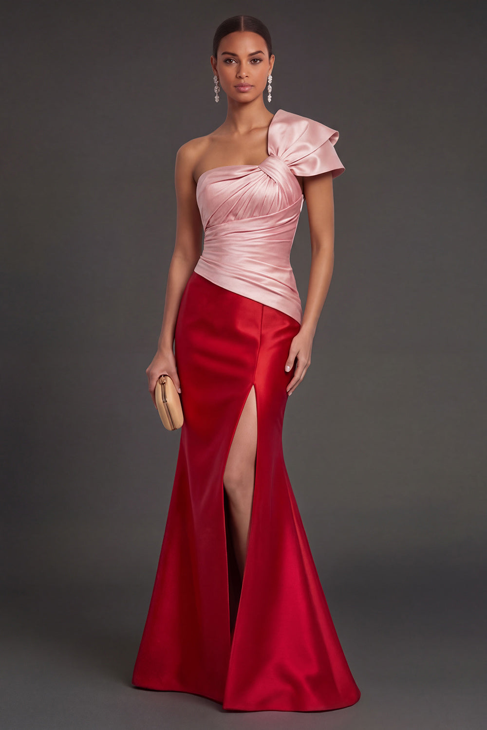 Leely Women Pink and Red Mermaid Satin Long Formal Dress with Slit Ruched Sleeveless Backless Wedding Guest Dress