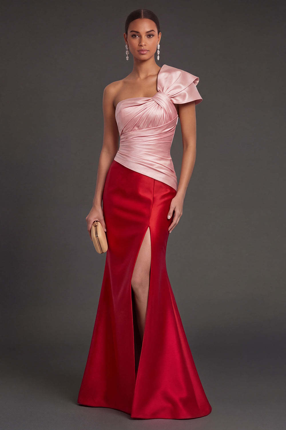 Leely Women Pink and Red Mermaid Satin Long Formal Dress with Slit Ruched Sleeveless Backless Wedding Guest Dress