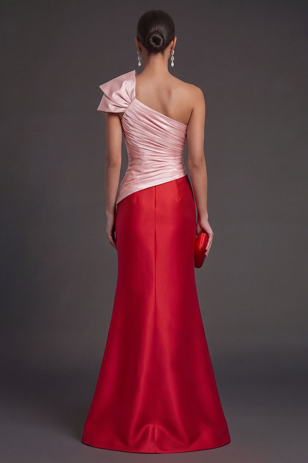 Pink and Red Mermaid Satin Ruched Long Formal Dress with Slit
