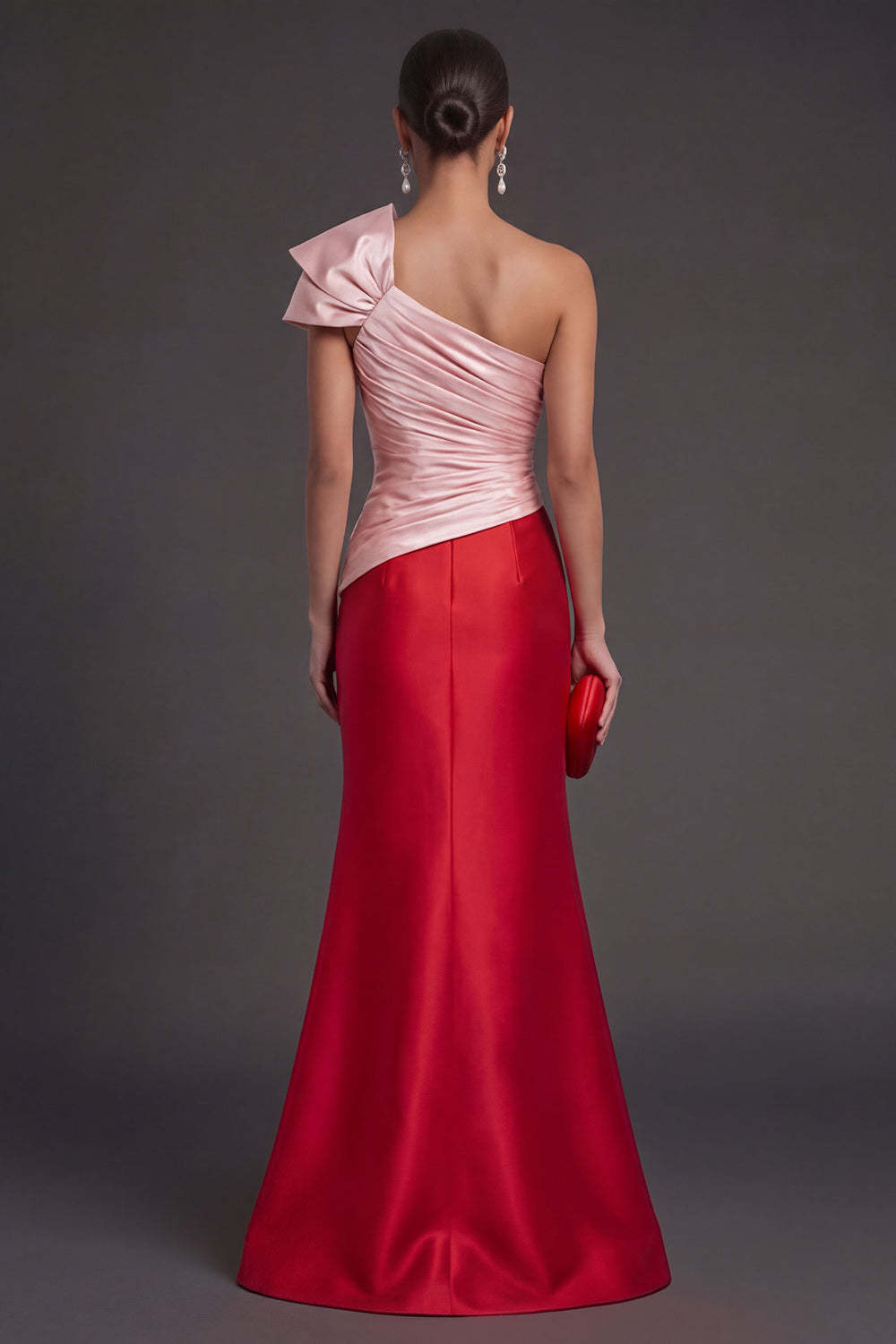 Pink and Red Mermaid Satin Ruched Long Formal Dress with Slit