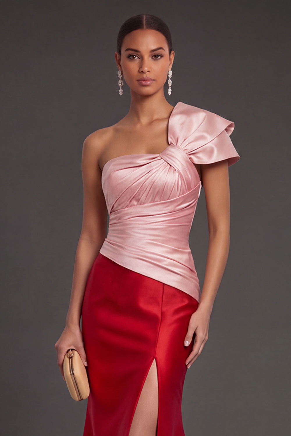 Pink and Red Mermaid Satin Ruched Long Formal Dress with Slit
