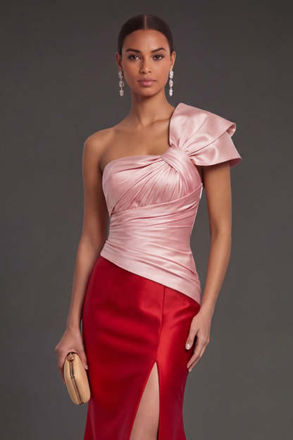 Pink and Red Mermaid Satin Ruched Long Formal Dress with Slit