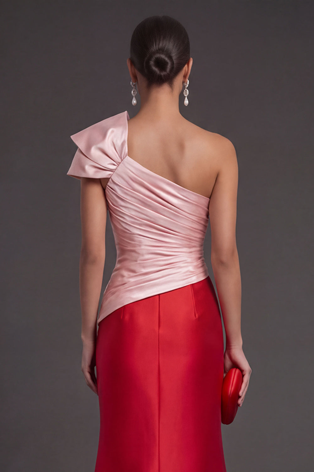 Pink and Red Mermaid Satin Ruched Long Formal Dress with Slit